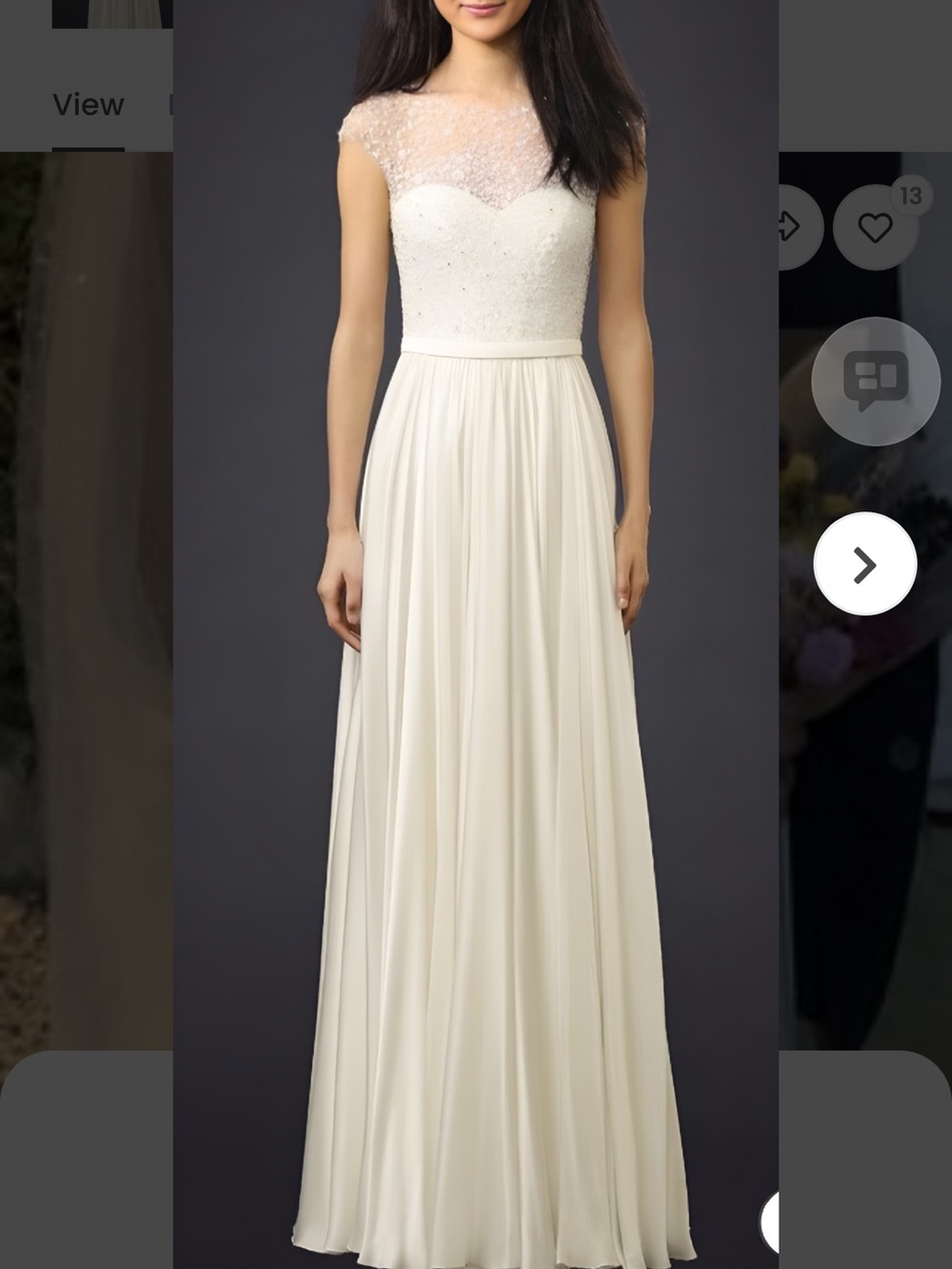 Reem Acra Ivory Beaded Illusion Neckline Chiffon Gown